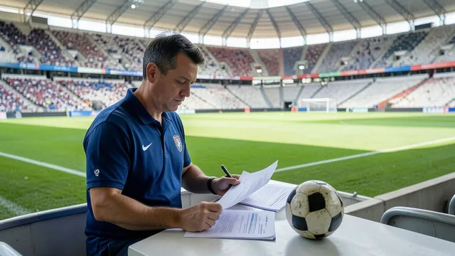 Imagem gerada por IA: Documentos financeiros e uma bola de futebol em um estádio vazio.
