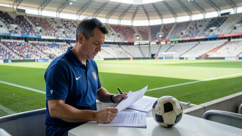 Imagem gerada por IA: Documentos financeiros e uma bola de futebol em um estádio vazio.