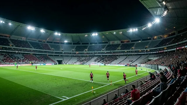 Imagem gerada por IA: Jogadores deixam o campo de um estádio após uma semifinal de futebol à noite.