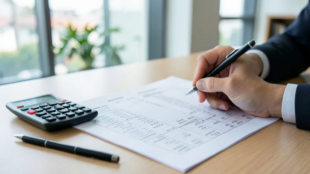 Imagem gerada por IA: Documentos financeiros e calculadora sobre uma mesa, representando a análise de direitos creditórios.