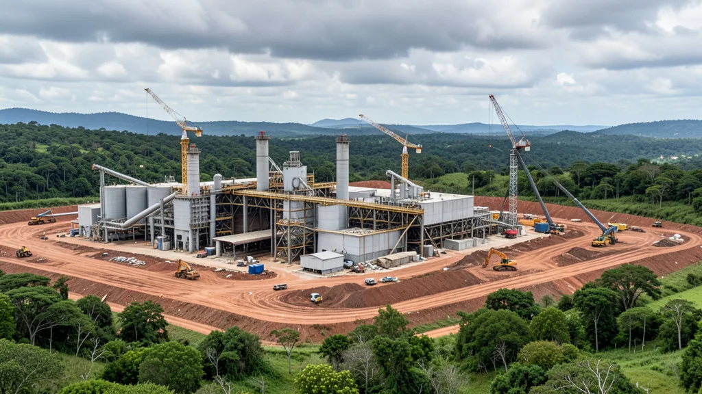 Imagem gerada por IA: Estruturas industriais e guindastes em uma área de construção de fábrica de celulose.
