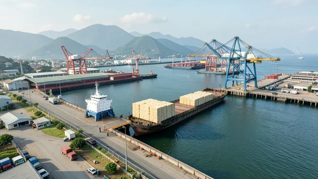 Imagem gerada por IA: Balsa com carga de celulose se aproxima de um terminal portuário em Rio Grande.