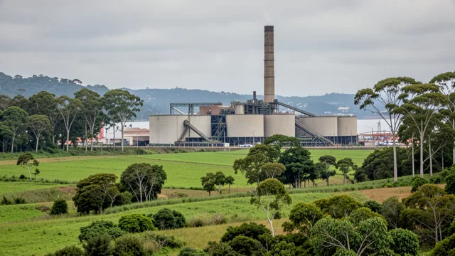Imagem gerada por IA: Complexo industrial de celulose em meio a campos e plantações de eucalipto.