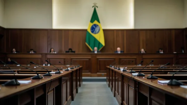 Imagem gerada por IA: Plenário do Senado com cadeiras e microfones durante debate sobre mudanças na maioridade penal.