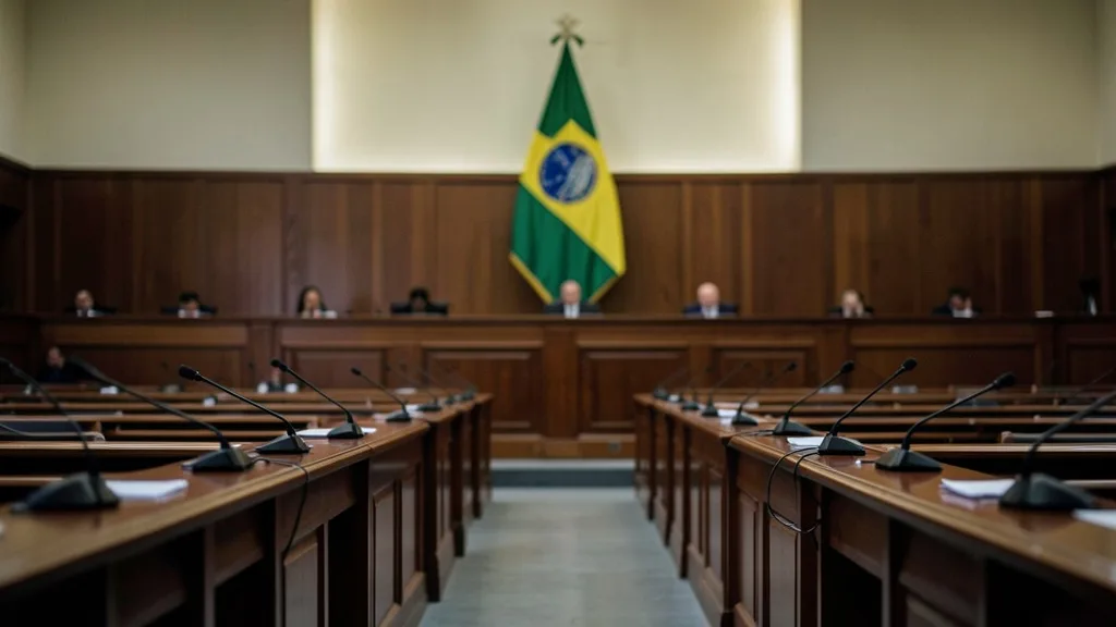 Imagem gerada por IA: Plenário do Senado com cadeiras e microfones durante debate sobre mudanças na maioridade penal.
