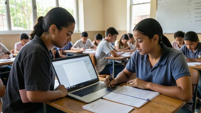 Imagem gerada por IA: Professora revisa redações ao lado de um computador em sala de aula.