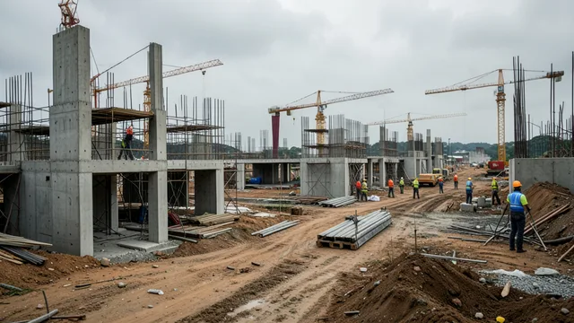 Imagem gerada por IA: Canteiro de obras com estruturas de concreto, andaimes e guindastes.