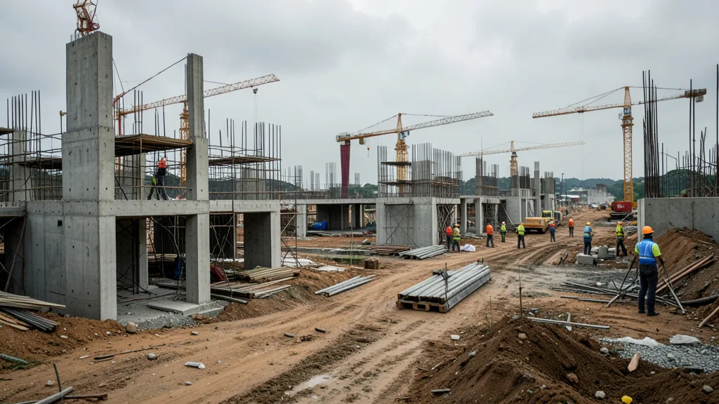 Imagem gerada por IA: Canteiro de obras com estruturas de concreto, andaimes e guindastes.