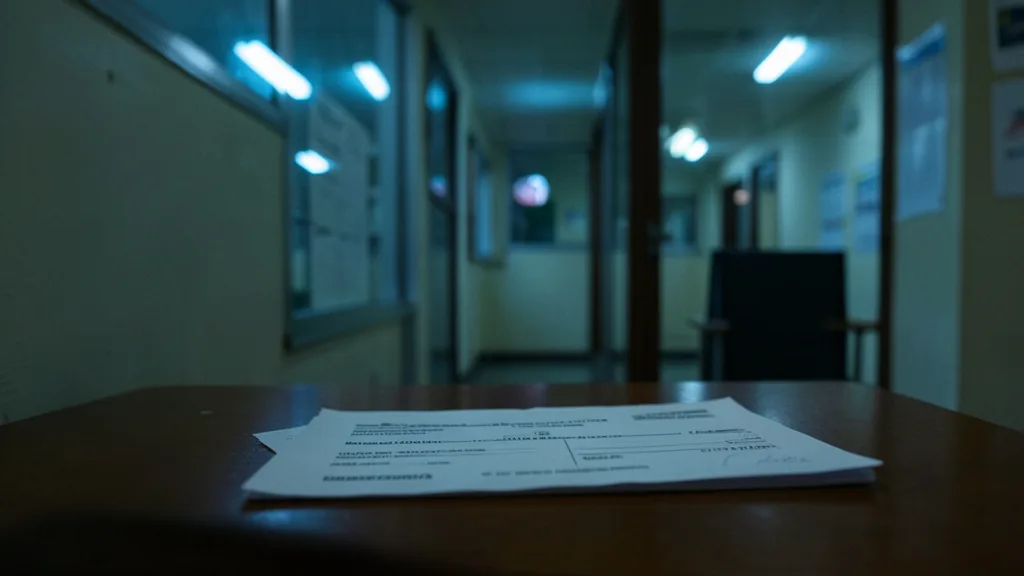 Imagem gerada por IA: Certidão de óbito em uma mesa de cartório, com o corredor de um prédio público ao fundo.