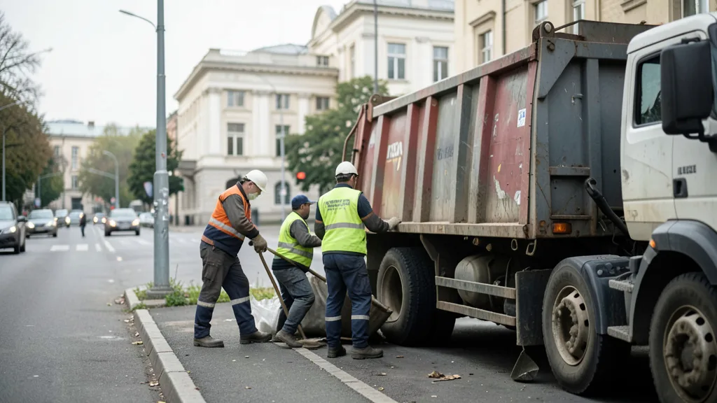 Imagem gerada por IA: Trabalhadores da limpeza urbana se preparam para iniciar o turno ao lado de um caminhão de coleta.