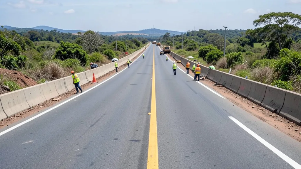Imagem gerada por IA: Trecho de rodovia federal em obras, com trabalhadores e máquinas ao fundo.