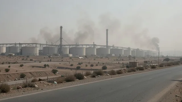 Imagem gerada por IA: Fumaça ao longe atrás de tanques de armazenamento em uma instalação petrolífera no Iêmen.