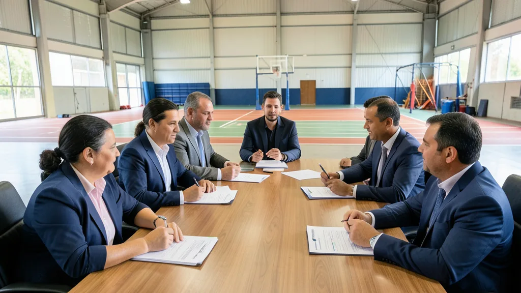 Imagem gerada por IA: Representantes discutem propostas para a política esportiva em uma reunião formal.