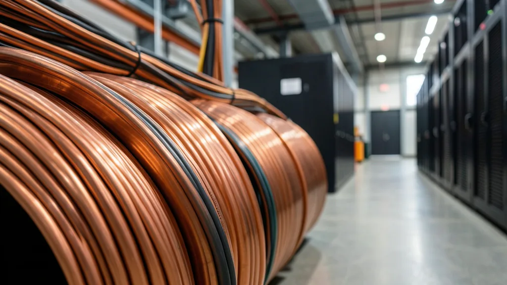 Imagem gerada por IA: Bobinas de cobre e cabos elétricos em um armazém, com um centro de dados ao fundo.