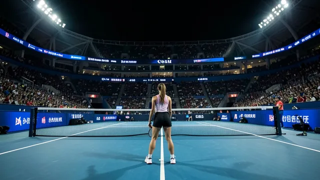 Imagem gerada por IA: Quadra de tênis à noite em Pequim, com uma jogadora perto da linha de fundo e painéis de LED ao redor.
