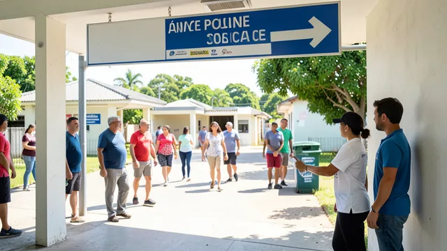 Imagem gerada por IA: Eleitores recebem orientação perto da entrada de um local de votação.