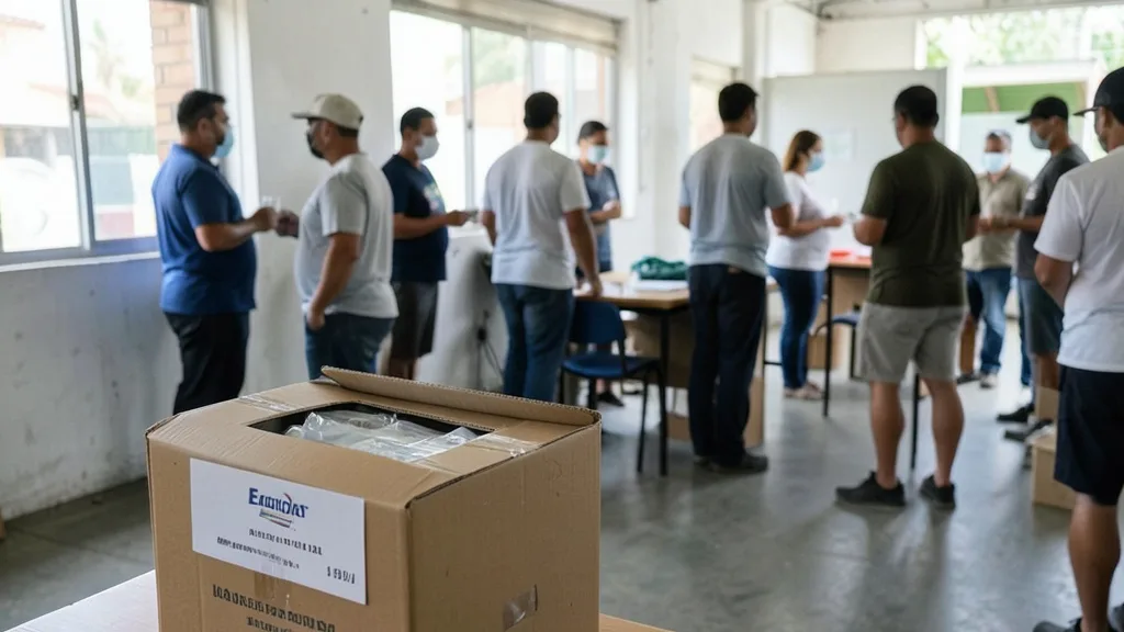 Imagem gerada por IA: Urna eletrônica em uma seção eleitoral com eleitores ao fundo.