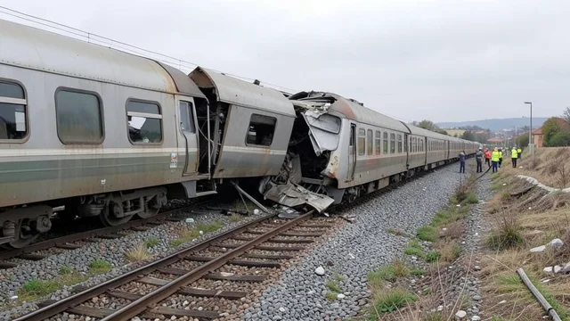 Imagem gerada por IA: Vagões parcialmente descarrilados e equipes de emergência no local de uma colisão ferroviária na Espanha.