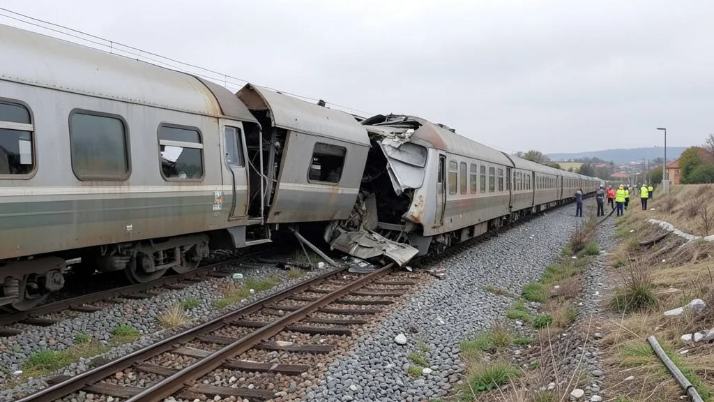 Imagem gerada por IA: Vagões parcialmente descarrilados e equipes de emergência no local de uma colisão ferroviária na Espanha.