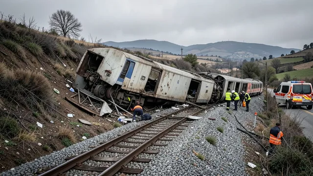Imagem gerada por IA: Vagões descarrilados e equipes de emergência atuam no local da colisão na Espanha.