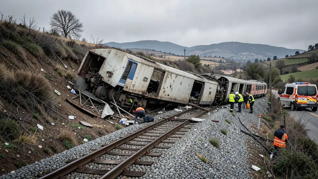 Imagem gerada por IA: Vagões descarrilados e equipes de emergência atuam no local da colisão na Espanha.