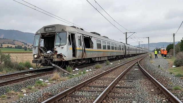 Imagem gerada por IA: Vagões danificados após a colisão em uma linha ferroviária na região central da Espanha.