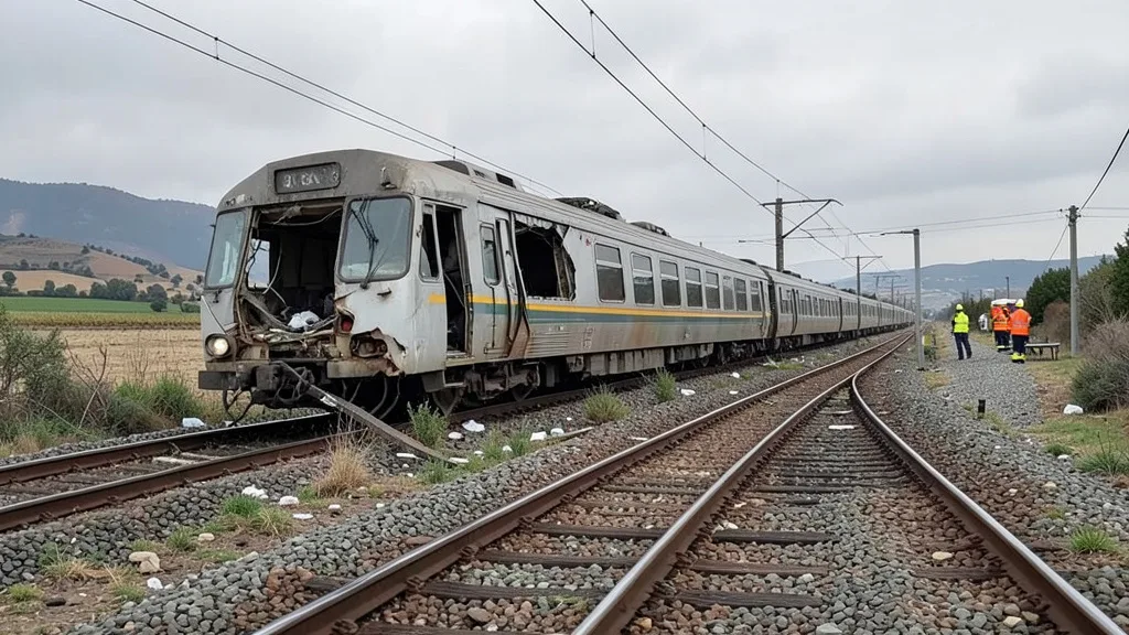 Imagem gerada por IA: Vagões danificados após a colisão em uma linha ferroviária na região central da Espanha.
