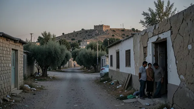 Rua de uma aldeia palestina próxima a casas e oliveiras, com um posto avançado distante na encosta.