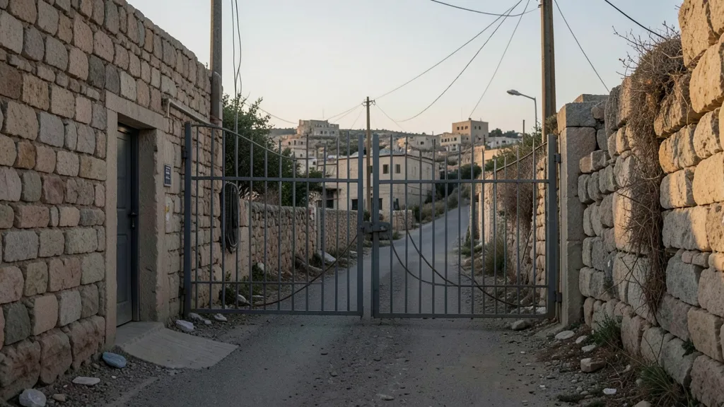 Portão metálico em uma rua de uma localidade palestina na Cisjordânia.