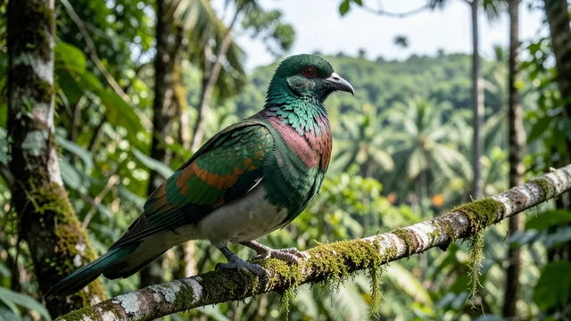Imagem gerada por IA: Pombo-de-nicobar com penas verdes e acobreadas em um ambiente tropical.
