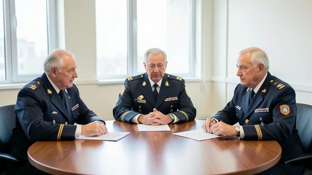 Imagem gerada por IA: Oficiais militares conversam em uma sala de reunião.