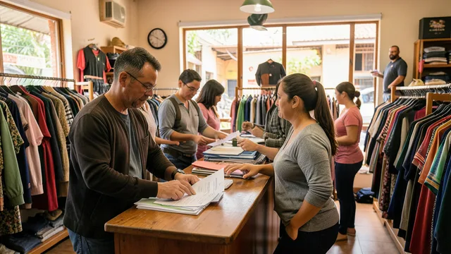 Imagem gerada por IA: Gerente de loja analisa candidaturas enquanto funcionários organizam roupas para a temporada de fim de ano.