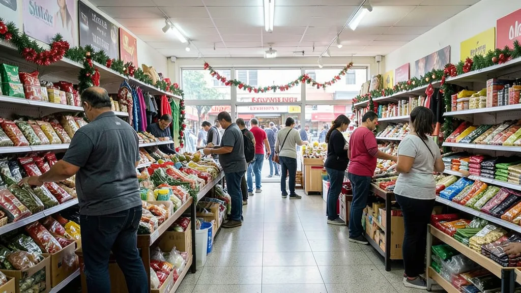 Imagem gerada por IA: Funcionários atendem clientes em uma loja movimentada durante o período de compras de Natal.