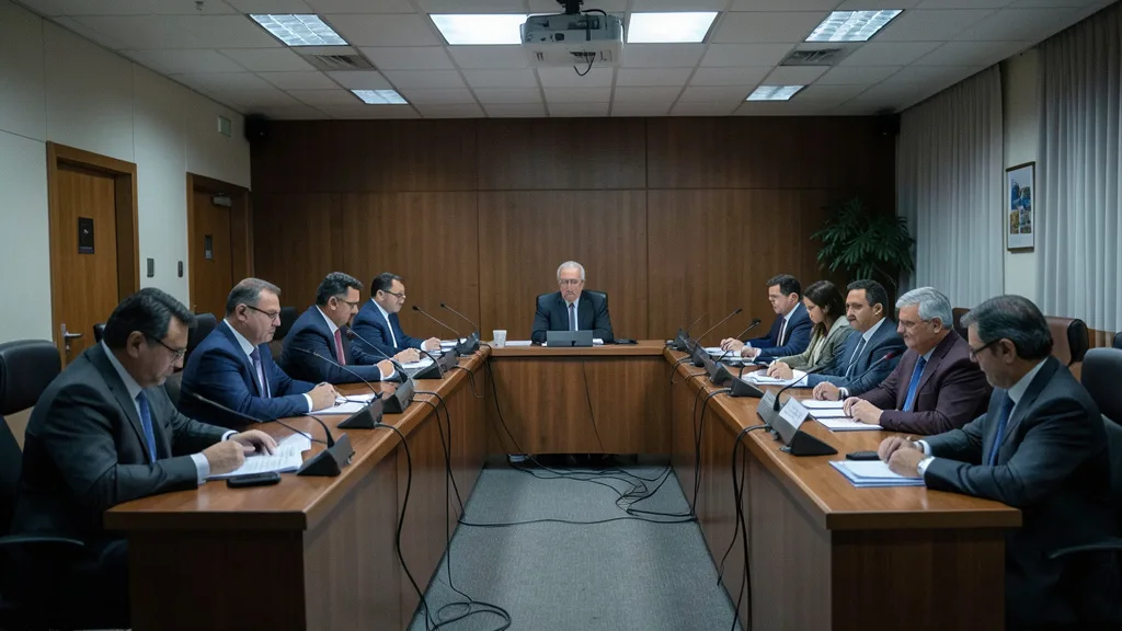 Imagem gerada por IA: Sala de comissão da Câmara preparada para uma sessão com deputados e microfones à mesa.