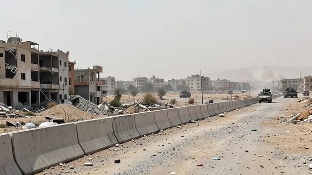 Imagem gerada por IA: Edifícios danificados em Gaza e barreiras marcando uma linha de separação temporária.
