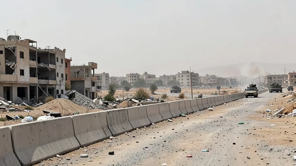 Imagem gerada por IA: Edifícios danificados em Gaza e barreiras marcando uma linha de separação temporária.