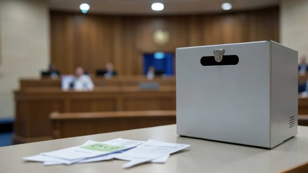 Imagem gerada por IA: Urna eleitoral genérica e cédulas sem identificação em um local de votação, com uma câmara parlamentar ao fundo.