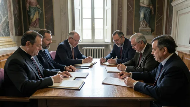 Imagem gerada por IA: Teólogos reunidos em torno de uma mesa com livros abertos em uma sala de estilo vaticano.