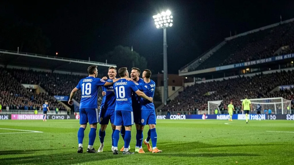 Imagem gerada por IA: Jogadores do Como comemoram juntos em campo após uma partida noturna.