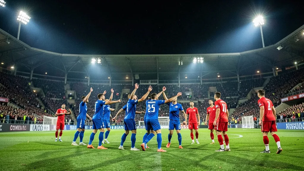 Imagem gerada por IA: Jogadores do Como comemoram um gol durante partida noturna em um estádio cheio.