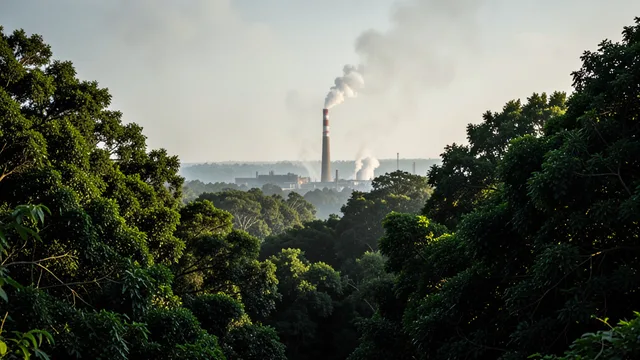 Imagem gerada por IA: Floresta e usina ao longe sob um céu com névoa atmosférica.
