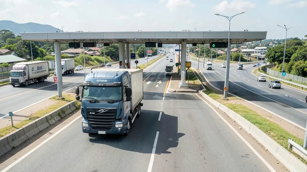 Imagem gerada por IA: Caminhão se aproxima de uma praça de pedágio em uma rodovia.