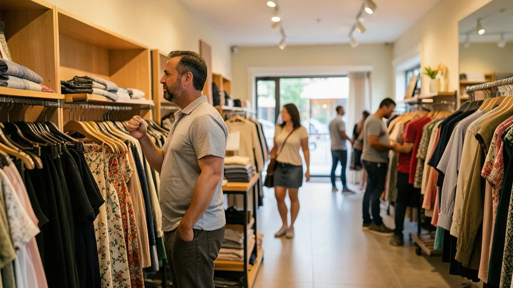 Imagem gerada por IA: Comerciante observa clientes em uma loja de roupas durante o período de compras de fim de ano.