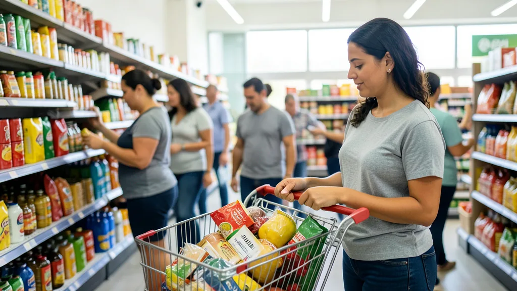 Imagem gerada por IA: Consumidor escolhe produtos em um supermercado, com uma cesta de compras nas mãos.