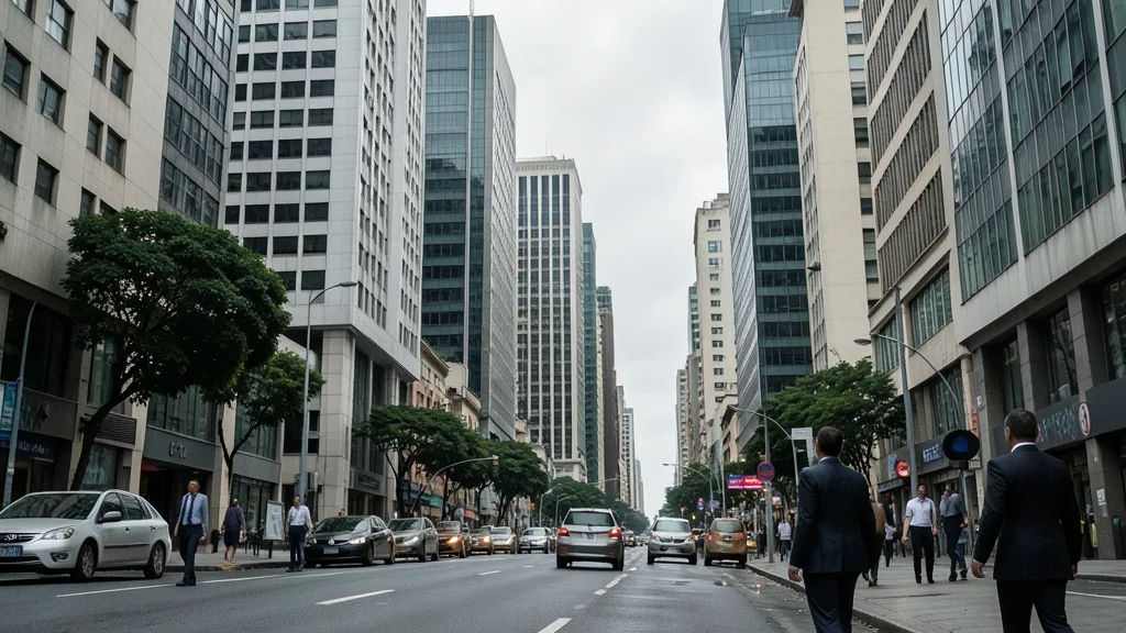 Edifícios comerciais em uma manhã nublada, com pedestres caminhando por uma avenida de negócios.