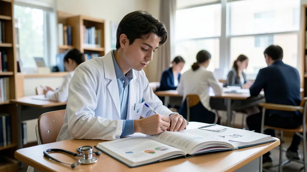 Imagem gerada por IA: Estudante de Medicina estuda para uma avaliação em uma biblioteca universitária.