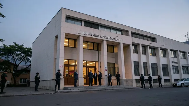 Fachada do Congresso da Bolívia em La Paz ao anoitecer, com pessoas entrando no edifício.