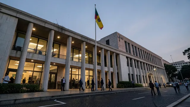 Imagem gerada por IA: Edifício do Congresso da Colômbia em Bogotá ao entardecer, com a bandeira nacional hasteada.