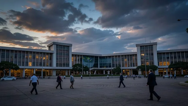 Imagem gerada por IA: Congresso Nacional em Brasília ao entardecer, com parlamentares caminhando pela praça.