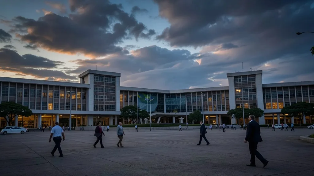 Imagem gerada por IA: Congresso Nacional em Brasília ao entardecer, com parlamentares caminhando pela praça.